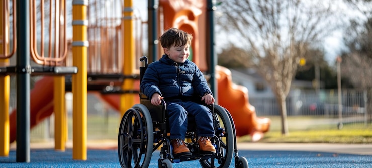 PSD menino sorridente em cadeira de rodas no playground