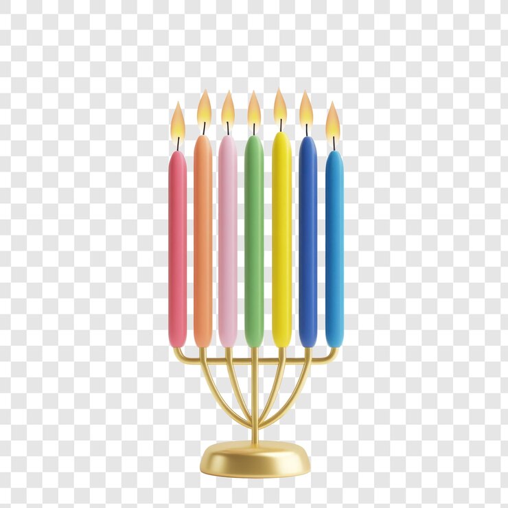 PSD menorah de oro judía de hanukkah con velas de colores icono 3d de dibujos animados minimalista aislado en fondo transparente