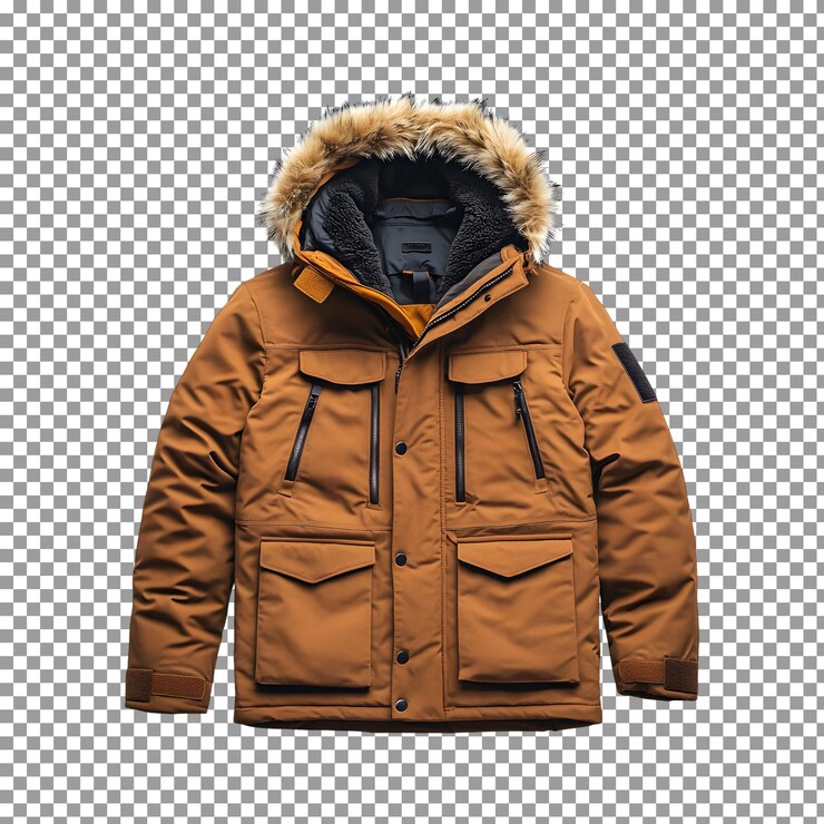 PSD mens brown winter parka jacket isolated on transparent background