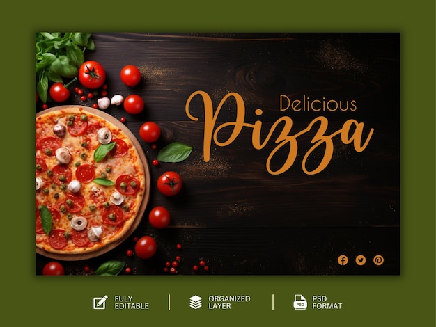 PSD mensaje de comida y deliciosa pizza plantilla de diseño gráfico