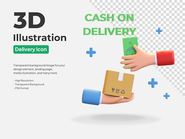 Mensajero dando caja de paquetería y recibir dinero en efectivo en el icono de servicio de entrega Ilustración de render 3d