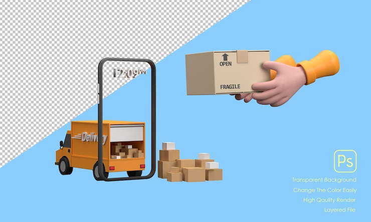 PSD el mensajero de entrega urgente de dibujos animados en 3d saca la caja del teléfono de la camioneta con la aplicación de entrega