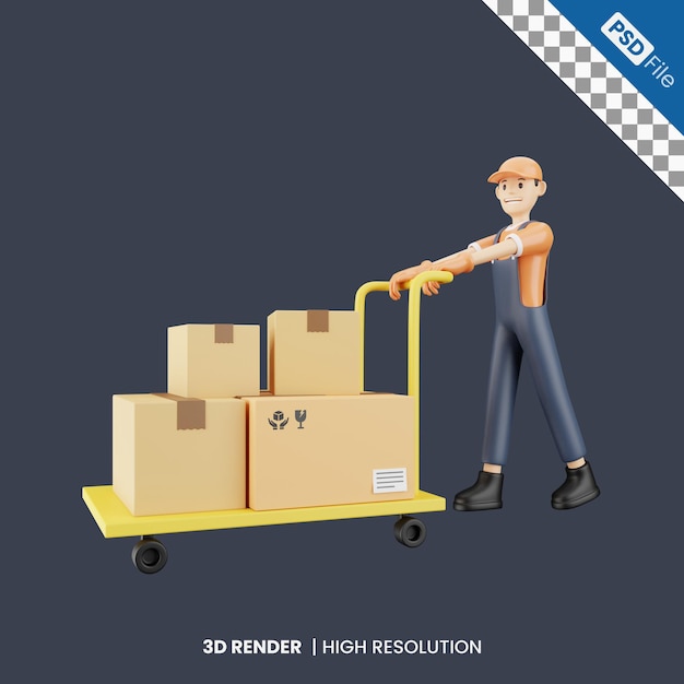 Mensajero que transporta paquetes por paquetes de handtruck ilustración 3d