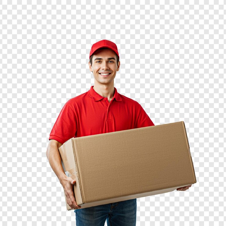 mensajero con tapa roja sosteniendo una caja de paquetes aislada sobre un fondo transparente