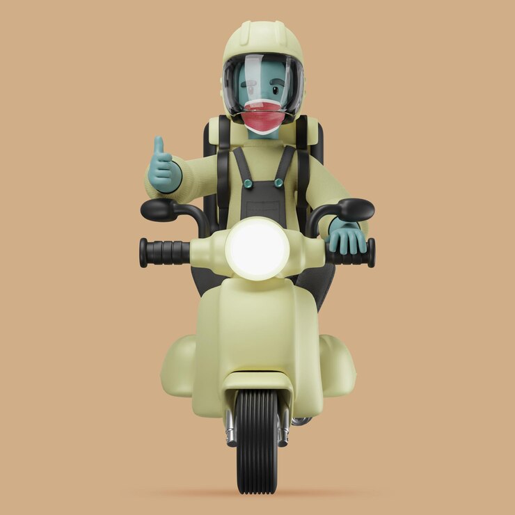 PSD un mensajero de uniforme marrón con casco y máscara montando un scooter agitando la mano ilustración de renderización 3d