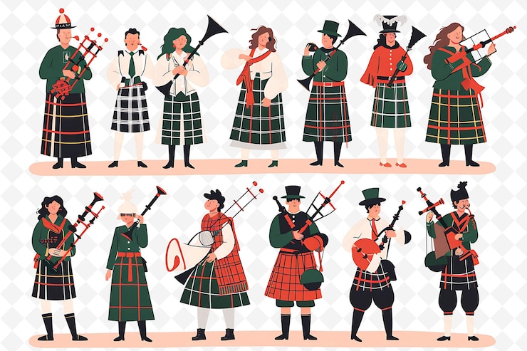 PSD menschen, die an traditionellen schottischen hochlandspielen teilnehmen, entwerfen flache illustrationen kulturcharakter