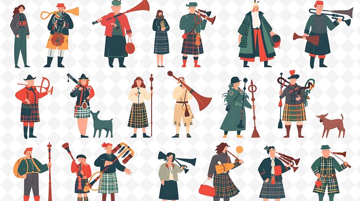 PSD menschen, die an traditionellen schottischen hochlandspielen teilnehmen, entwerfen flache illustrationen kulturcharakter