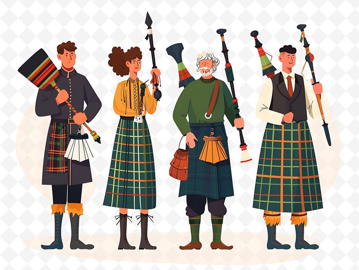 PSD menschen, die an traditionellen schottischen hochlandspielen teilnehmen, entwerfen flache illustrationen kulturcharakter