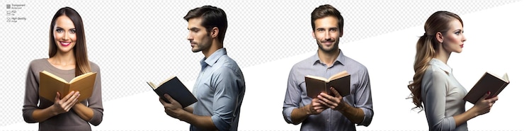 PSD menschen, die bücher lesen, lächeln und auf durchsichtigem hintergrund posieren