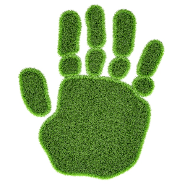 Menschlicher Handdruck aus grünem Gras 3D-Rendering isoliert auf durchsichtigem Hintergrund