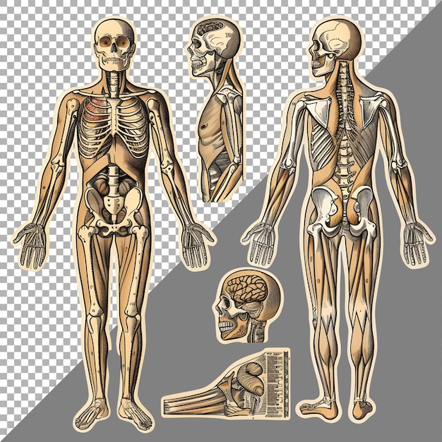 PSD menschliches skelett anatomie organe aufkleber-stil auf transparentem hintergrund ai generiert