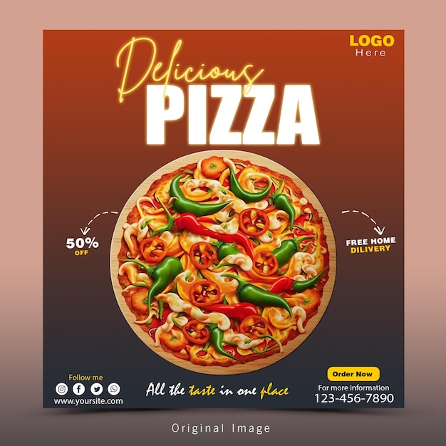 Menu alimentaire et délicieux modèle de bannière de médias sociaux de pizza