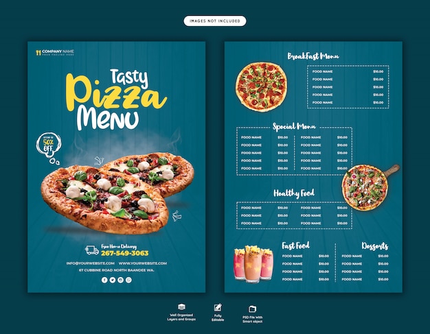 PSD menu alimentaire et modèle de flyer pizza délicieuse