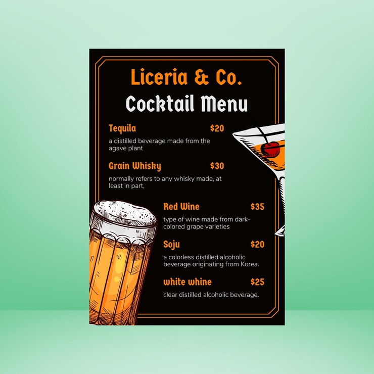 El menú de bebidas del bar de fondo naranja y negro