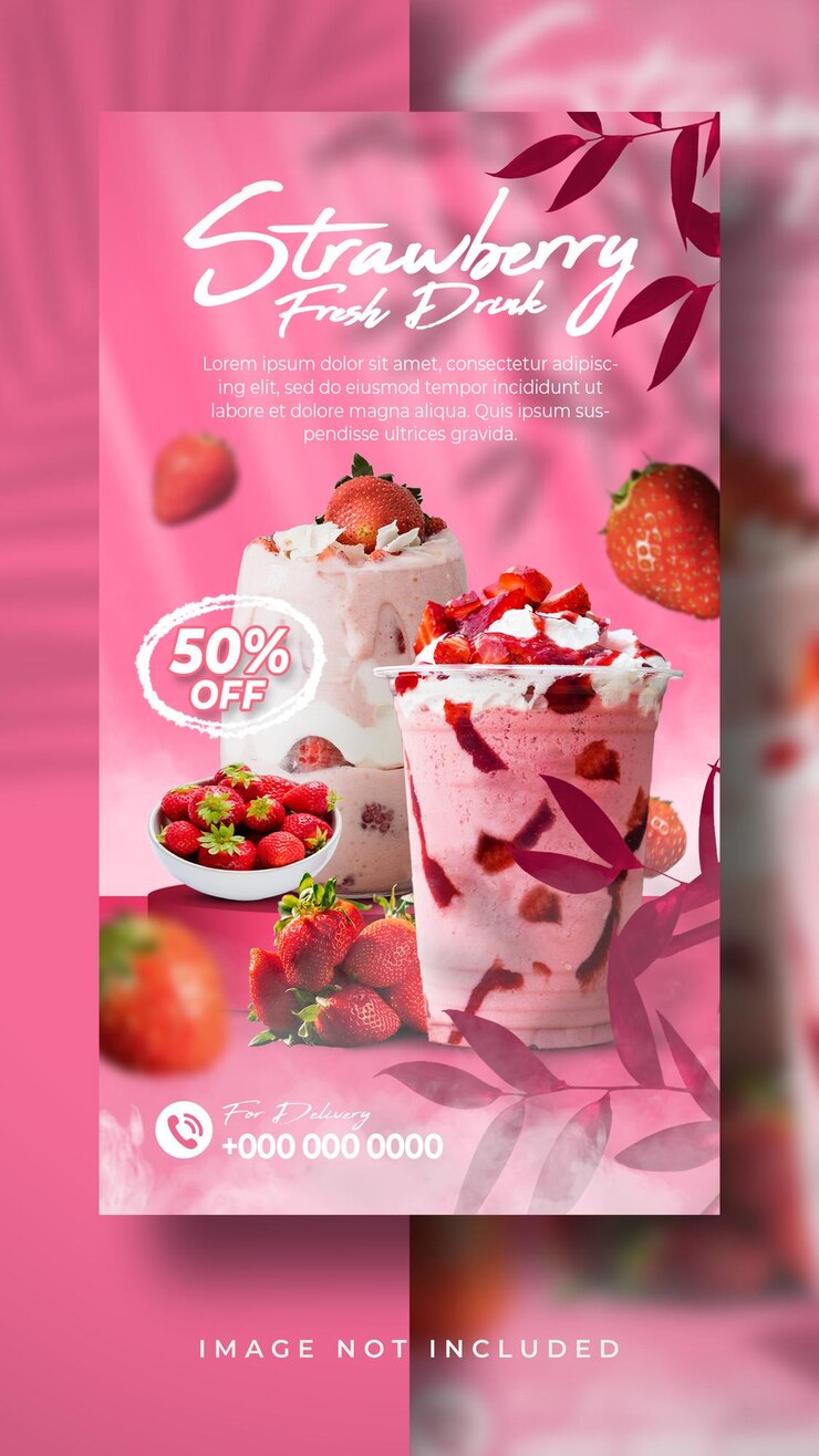 PSD menú de bebidas de sabores dulces frescos de fresa oferta especial plantilla de banner de historias de publicaciones en redes sociales