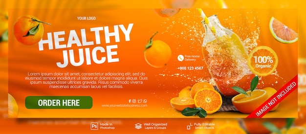 Menú de bebidas de verano de jugo de naranja saludable para promoción publicación en redes sociales plantilla de banner de portada de facebook