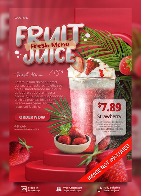 Menu De Boissons Fraîches De Jus De Fruits à La Fraise Avec Affichage Du Podium Pour Le Modèle De Bannière De Flyer Affiche Promo