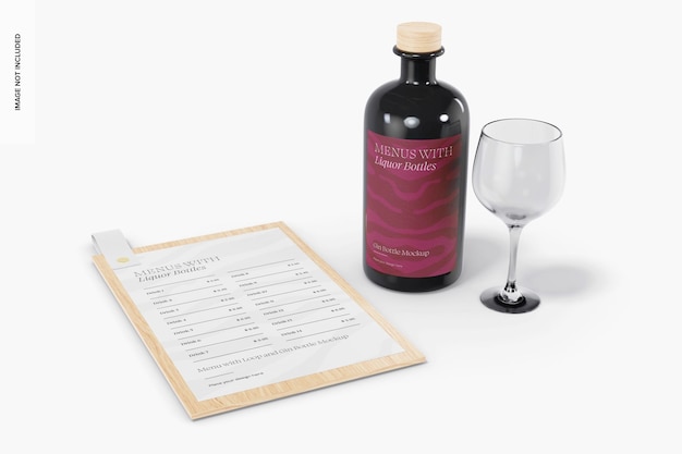 Menú con bucle y maqueta de botella de ginebra, vista izquierda
