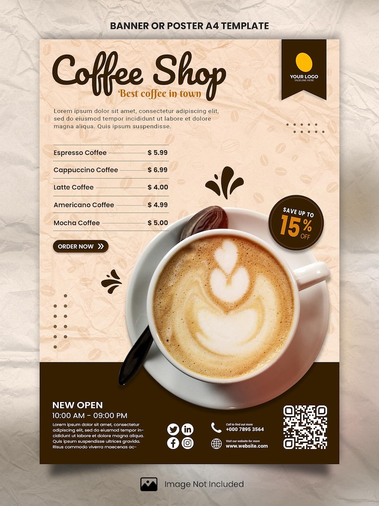 PSD menu caffè banner o poster modello a4