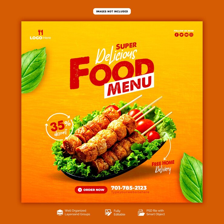 Menú de comida y banner de redes sociales de restaurante o plantilla de publicación de Instagram