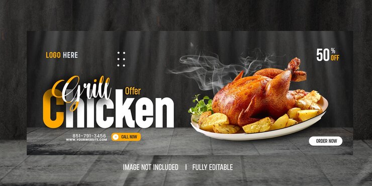 Menú de comida y banner de redes sociales de restaurante