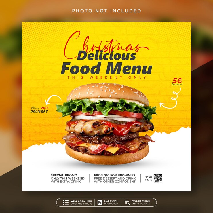 PSD menú de comida deliciosa de navidad o plantilla de publicación de banner de promoción de hamburguesas en redes sociales