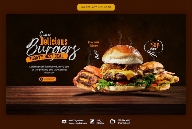 PSD menú de comida y deliciosa plantilla de banner web de hamburguesas