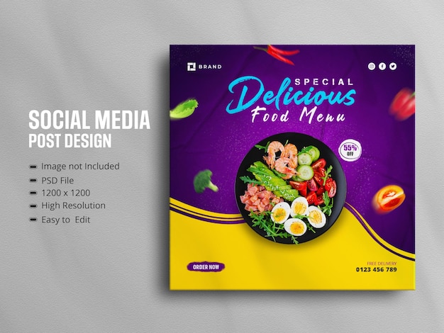 Menú de comida deliciosa promoción de redes sociales y diseño de publicación de banner de instagram