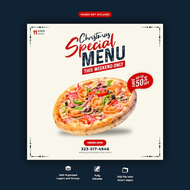 Menú de comida de feliz navidad y deliciosa pizza plantilla de banner de redes sociales