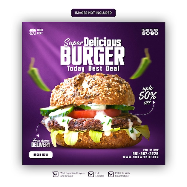 Menú de comida y hamburguesa deliciosa publicación de instagram o banner de redes sociales plantilla psd