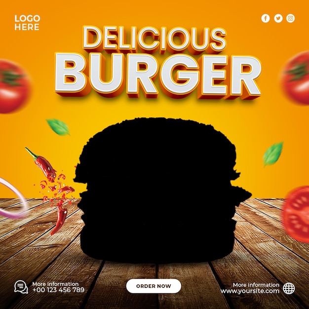 Menú de comida Hamburguesa Póster Publicación en redes sociales Instagram Banner Anuncio Diseño