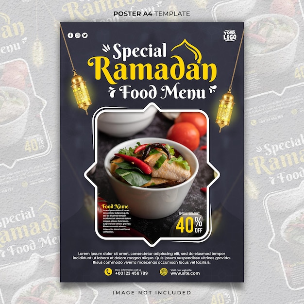 El menú de comida de Iftar especial de Ramadán Kareem Poster A4 o plantilla de bandera