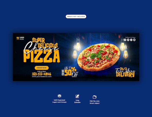 Menú de comida y pizza deliciosa plantilla de banner de portada de facebook