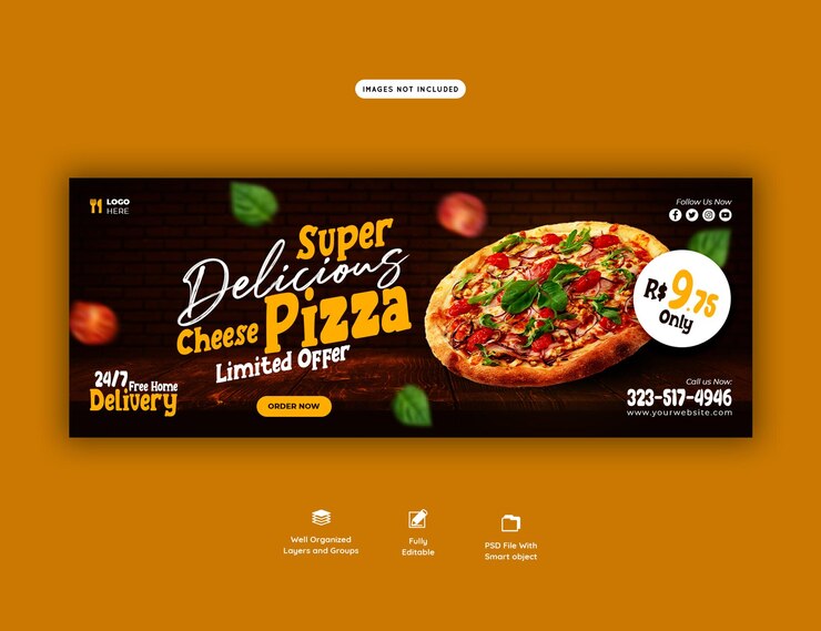 PSD menú de comida y pizza deliciosa plantilla de banner de portada de facebook