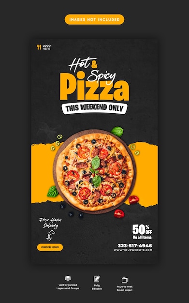 Menú de comida y pizza deliciosa Plantilla de historia de Instagram y redes sociales