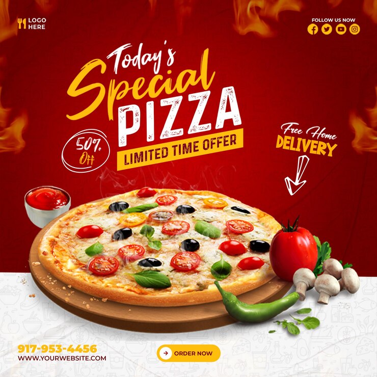 Menú de comida y plantilla de banner de redes sociales de deliciosa pizza