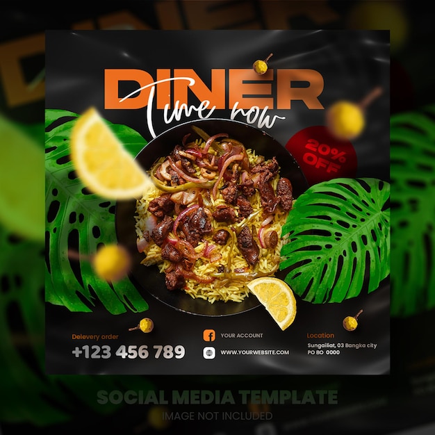 Menú de comida y plantilla de banner de redes sociales de restaurante