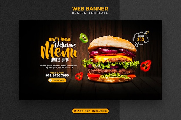 PSD menú de comida y plantilla de banner web de deliciosa hamburguesa