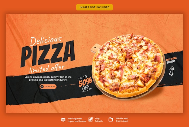 Menú de comida y plantilla de banner web de pizza deliciosa