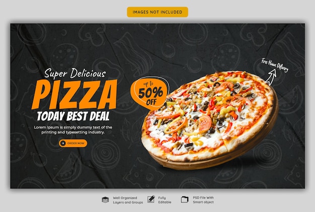 Menú de comida y plantilla de banner web de pizza deliciosa