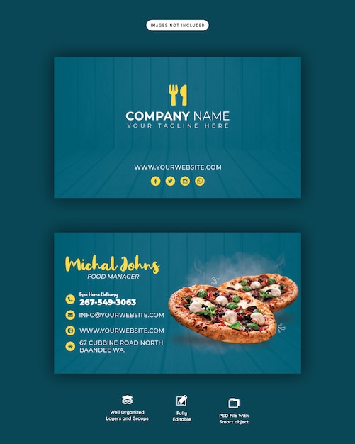PSD menú de comida y plantilla de tarjeta de visita o negocio horizontal de deliciosa pizza