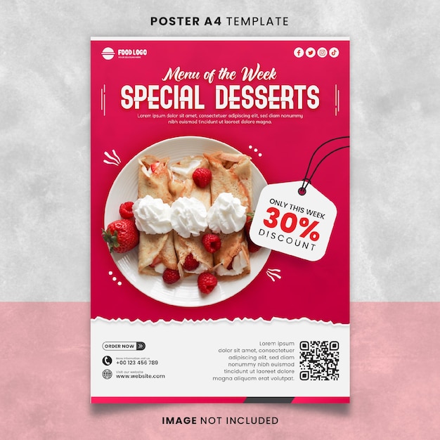 PSD menú de comida de postres especiales y cartel de restaurante o plantilla de pancarta lista para imprimir