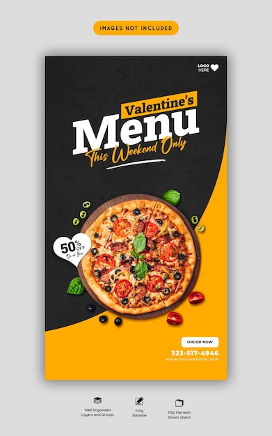 PSD menú de comida de san valentín y deliciosa pizza plantilla de historia de instagram y facebook