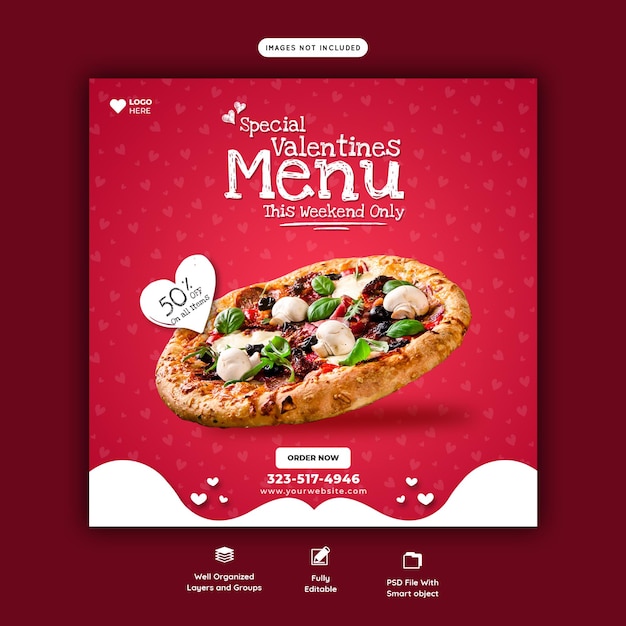 Menú de comida de san valentín y plantilla de banner de redes sociales de deliciosa pizza