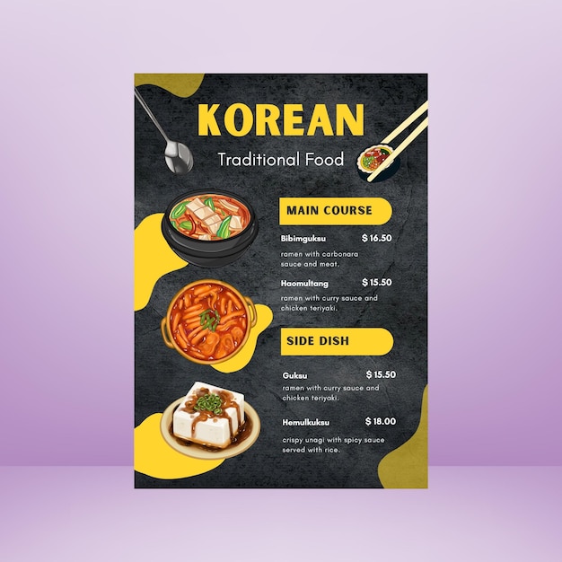 Menú de comida tradicional coreana de grunge negro y amarillo