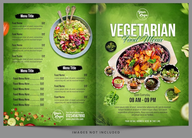 Un menú de comida vegetariana está abierto en una página que dice "comida vegetariana".