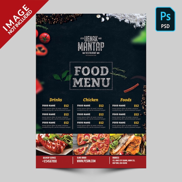 PSD menu dark food avec des images d'aliments face avant