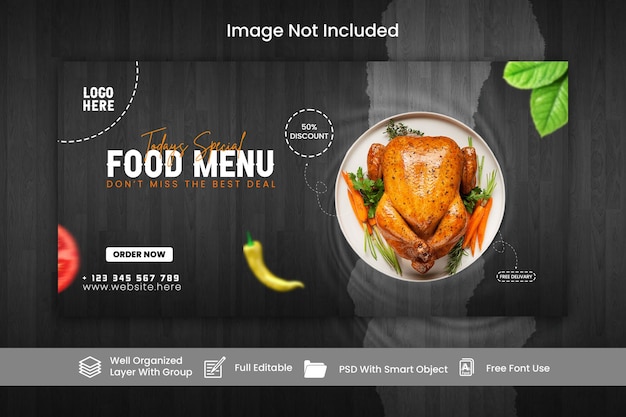 PSD menu de banner de comida e design de modelo de banner de mídia social de restaurante