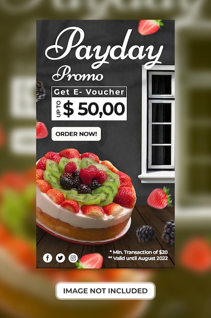 Menu de bolo de promoção do dia de pagamento com modelo de banner de histórias do instagram de mídia social