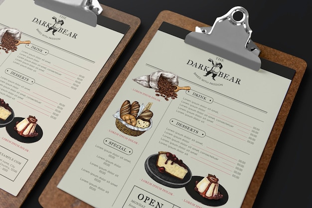 Menu de café com maquete de imagens psd no design de identidade corporativa da área de transferência